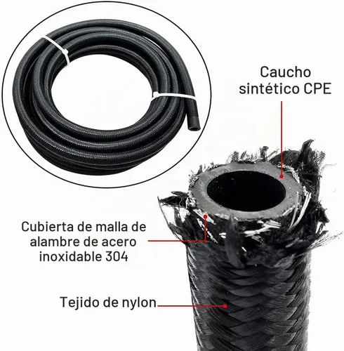 Vista 2 de Manguera de línea de combustible de acero inoxidable trenzado de 20 pies 6AN AN6, 3/8”, color plateado Negro
