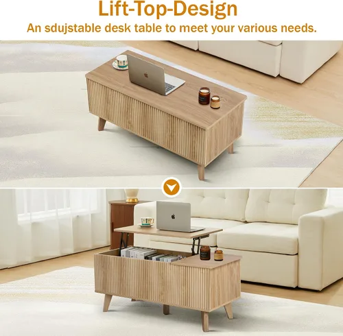 Vista 7 de Mesa auxiliar bohemia con tapa elevable con almacenamiento para sala de estar, dormitorio, mesa auxiliar rectangular baja acanalada con cajones
