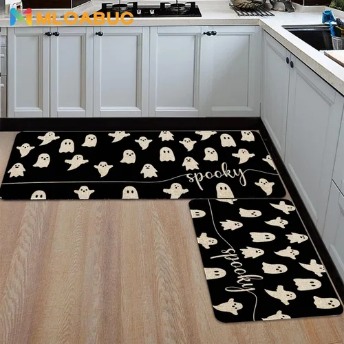 Vista 4 de Mloabuc® Happy Halloween - Juego de 2 tapetes de cocina, alfombra de cocina decorativa negra espeluznante con texto divertido, alfombra de piso
