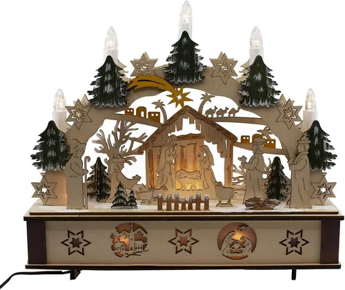 Vista 4 de Kurt S. Adler Belén de madera iluminado con pilas de 11 pulgadas con velas