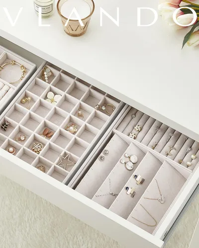 Vista 6 de Vlando Bandeja de joyería, caja organizadora de joyas apilable para cajón, aparador de armario, collar, aretes, anillos, pulseras para mujeres