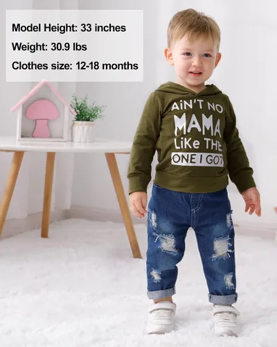 Vista 3 de WESIDOM Ropa de bebé niño, sudadera con capucha de impresión de manga larga con pantalones de mezclilla conjunto