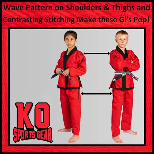 Vista 3 de Conjunto de uniforme para niños, BJJ Jiu Jitsu Gi, kimono y pantalones, preencogido