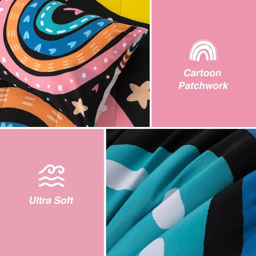Vista 8 de A Nice Night Juego de ropa de cama de 6 piezas de arcoíris de dibujos animados con luna sonriente impresa para niños y niñas, juegos de edredón