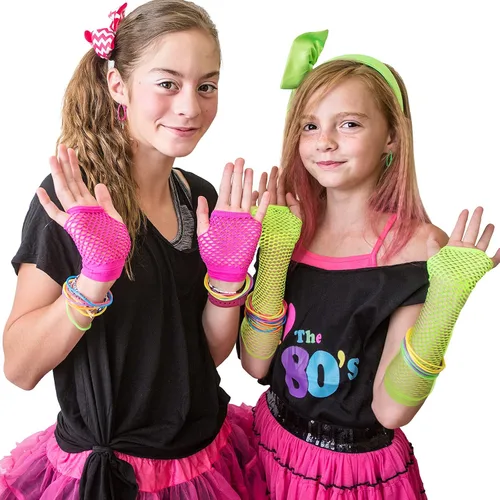 Vista 7 de SATINIOR 12 pares de guantes de malla de red de Halloween de los años 80 y 90 para mujeres y niños, guantes de neón sin dedos para fiestas