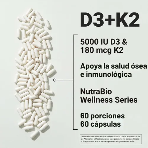 Vista 6 de NutraBio Vitamina D3 K2 5000 UI D3 como colecalciferol con vitamina K2 como MENA-Q MK7 (180 mcg) Apoya la salud ósea y cardíaca Sin OMG, sin