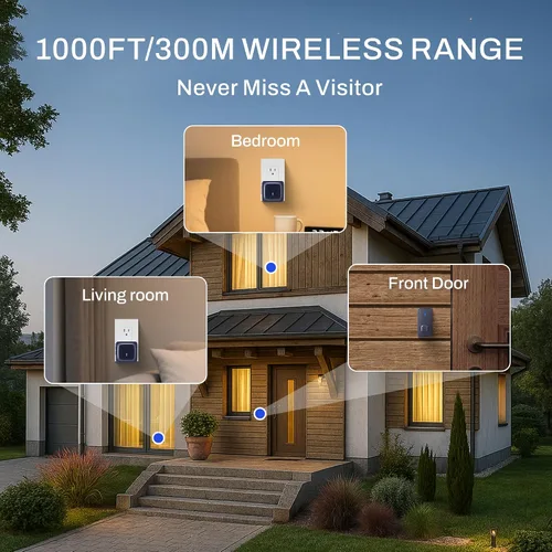 Vista 4 de BN-LINK Timbre inalámbrico, timbre de puerta impermeable, fácil instalación, rango de 1000 pies, volumen ajustable y 58 campanillas, flash LED, Negro