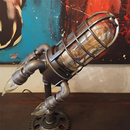 Vista 3 de Lámpara de escritorio estilo cohete industrial vintage, mesita de noche, mesa de noche, acabado de bronce claro, 4 luces de propulsión + lámpara