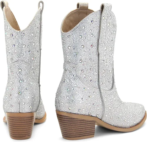 Vista 4 de SOVANYOU - Botas de cowboy con tachuelas para mujer, puntera en forma de almendra, tacón de bloque brillante, botas de vaquera con tachuelas