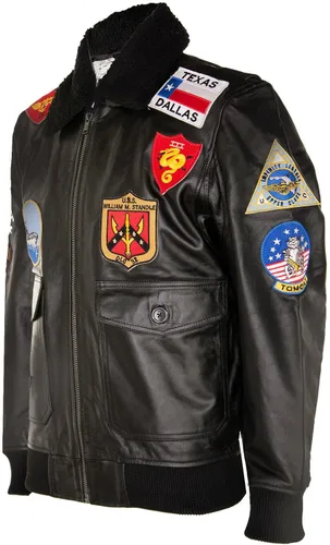 Vista 2 de Chaqueta bomber de piel de vuelo Air Force A2 para hombre con cuello de oveja y parches Negro