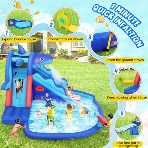 Vista 6 de AKEYDIY Toboganes acuáticos inflables, estilo tiburón, parque acuático inflable al aire libre con escalada, borde de baloncesto, piscina
