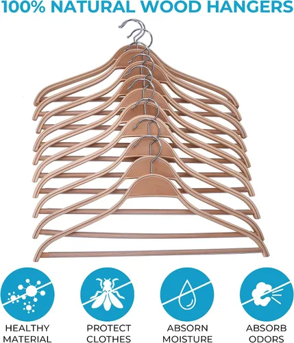 Vista 2 de JS Hanger Perchas de madera para abrigos, paquete de 10 perchas de madera ligera para abrigos/trajes con barra antideslizante para pantalones