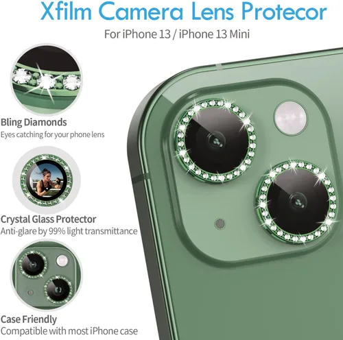 Vista 5 de Xfilm Bling Diamond - Protector individual de lente de cámara para iPhone 13 / iPhone 13 Mini, cubierta de protección de lente de cámara de vidrio