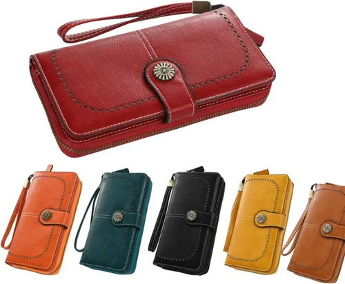 Vista 2 de Cartera de cuero para mujer, con bloqueo RFID, de gran capacidad, para tarjetas, cartera larga con muñeca