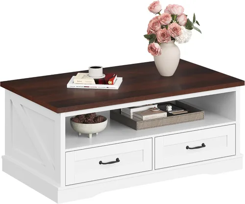 Vista 12 de WLIVE - Mesa de café con estante de almacenamiento, mesa de café granja de 39.4" con soporte en V, mesa de centro rústica de 2 niveles para sala
