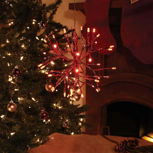 Vista 4 de Alpine Corporation Adorno de copo de nieve colgante en 3D de ramita de Navidad para interiores de 10 pulgadas de alto, con luces LED, rojo