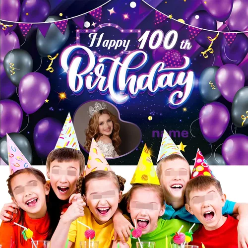 Vista 5 de Cartel decorativo personalizado de feliz cumpleaños número 100, personalización, morado, tamaños grandes, soporta fotos y nombres personalizados