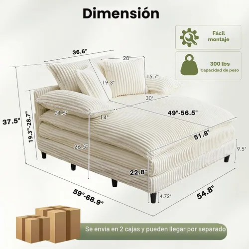 Vista 2 de WESTSETLUX Tumbona extragrande de 54.8 pulgadas de ancho para interiores con respaldo ajustable de 5 posiciones, sofá cama de pana con 3 almohadas