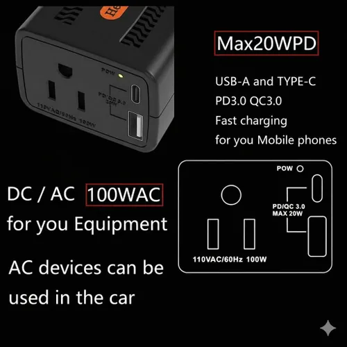 Vista 4 de HearGrow - Inversor de corriente de 100 W para vehículo: adaptador de cargador directo de encendedor de cigarrillos sin ventilador, negro