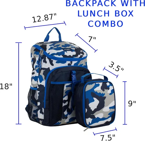 Vista 2 de FUEL Combo de mochila con lonchera 18 pulgadas, de lujo, dos compartimentos, resistente al agua, con bolsillos laterales para botella de agua