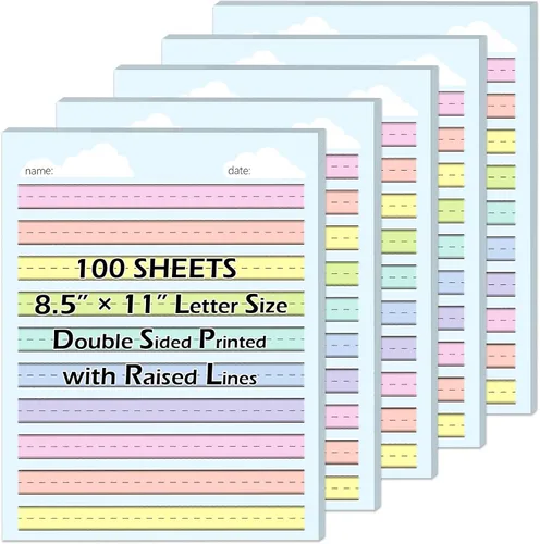 Vista 8 de 50 hojas de papel de línea elevada multicolor para práctica de escritura, papel de escritura de jardín de infantes de regla ancha, doble cara