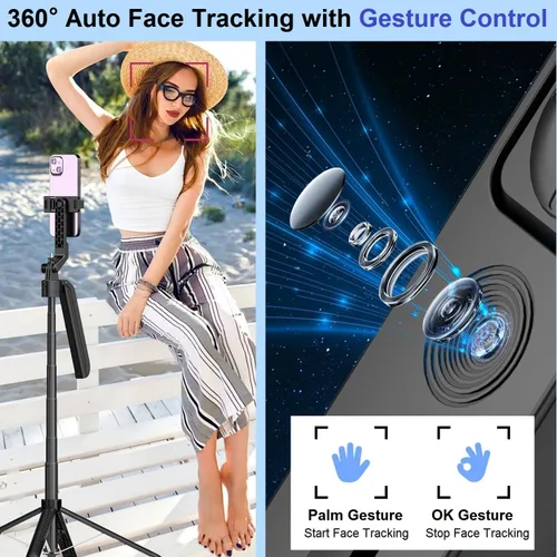 Vista 3 de Trípode para selfie stick de seguimiento facial automático para iPhone, rotación de 360° con control remoto, trípode de cámara de teléfono de 71