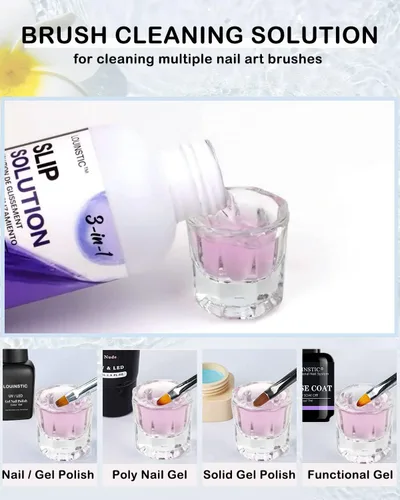 Vista 4 de LOUINSTIC Solución deslizante para uñas de poligel y kit limpiador de pinceles de arte de uñas, solución antideslizante de gel de uñas de poliéster