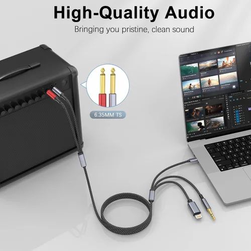 Vista 5 de [Usado] USB C 0.138 in y Lightning a Dual 0.250 in 1/4" TS Mono Stereo Y-Cable, 3 en 1 Dual 1/4 pulgadas Cable de audio compatible