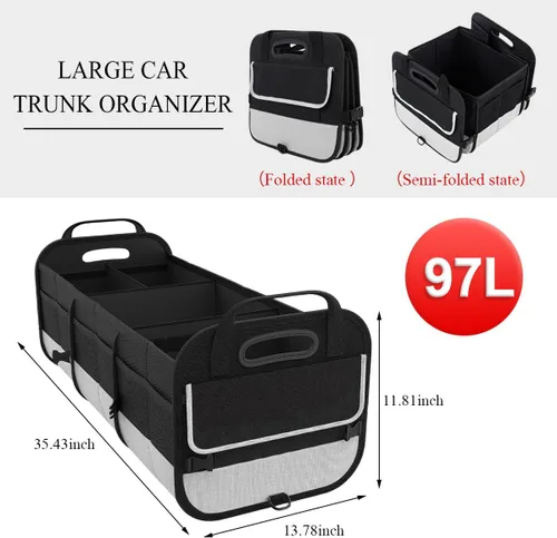 Vista 2 de povtii Organizador grande para automóvil, organizador de maletero de almacenamiento elástico de 95 litros con compartimentos divididos, organizador