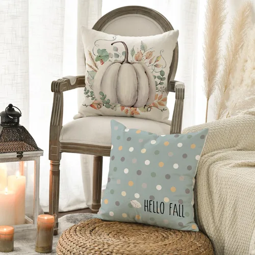 Vista 5 de AVOIN colorlife Juego de 4 fundas de almohada de Hello Fall Hello Pumpkin de 16 x 16 pulgadas, cosecha de Acción de Gracias de otoño, decoración