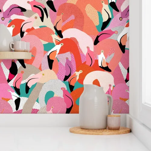Vista 8 de Spoonflower Despegar y pegar muestra de papel tapiz - Naranja Rosa Grande Flamenco Pájaro Plumas Tropical Florida Coastal Collage Ilustración Casa