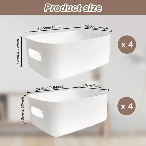Vista 2 de Paquete de 8 contenedores y cestas de almacenamiento de plástico, contenedores de almacenamiento blancos para cocina, baño, oficina, organizador