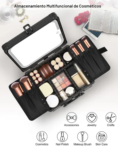 Vista 6 de Relavel - Bolsa de maquillaje con espejo LED, estuche de maquillaje para viajes en tren con espejo iluminado recargable y divisores ajustables Negro