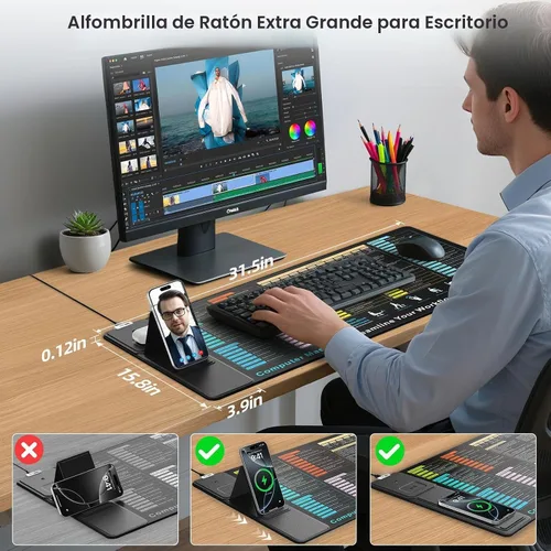 Vista 3 de Wireless Charging Mouse Pad with Foldable Phone Holder, 31.5"x15.8" in XXL Excel Cheat Sheet Desk Mat for Laptop/Keyboard, Waterproof Ultra-Smooth