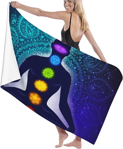 Vista 3 de Toalla de playa colorida con mandala de chakras, galaxia, a prueba de arena, toalla de baño grande para piscina, viajes, yoga, deporte, camping