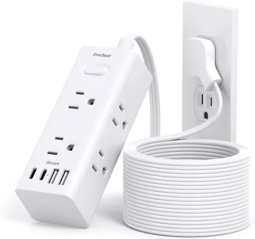 Vista 9 de Cable de extensión de 1 pie con múltiples tomas, regleta de alimentación de enchufe plano con cable de 1 pie, 6 tomas de corriente, 4 puertos USB