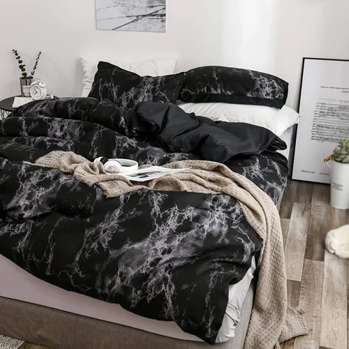 Vista 4 de Juego de ropa de cama cómoda, 3 piezas/juego de fundas de almohada, diseño mármol UE, tamaño doble, funda de edredón de poliéster mármol P