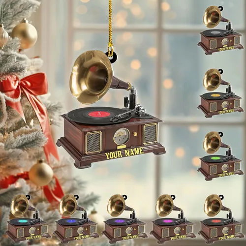 Vista 17 de Adorno de Navidad personalizado, máquina de discos de vinilo, adorno plano 2D, adorno para tocadiscos, instrumento musical, decoración de árbol
