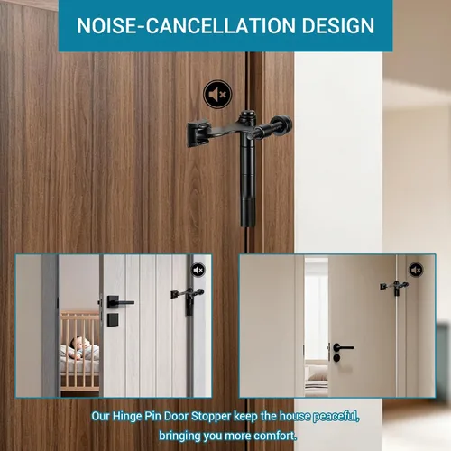 Vista 6 de HOME MASTER HARDWARE Tope de puerta con pasador de bisagra, paquete de 2 topes de puerta ajustables resistentes de color negro mate con parachoques