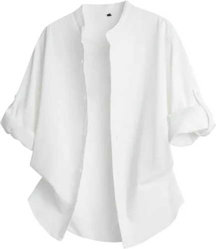 Vista 10 de Men's Roll-Up Sleeve Casual Button Down Shirts Stand Up Collar Summer Beach Shirt Loose Fit Lightweight Work Tops