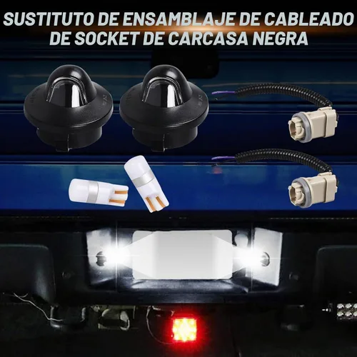 Vista 4 de Kit de luces LED para matrícula con 2 bombillas LED, 2 arneses de cables, 2 carcasas negras, reemplazo de montaje de lámpara de etiqueta para Ford