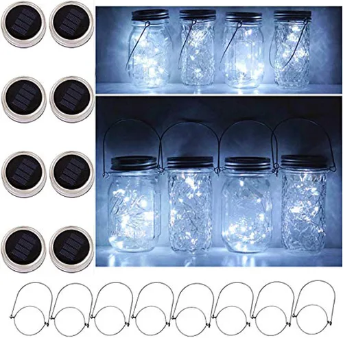 Vista 6 de Luces solares para tapa de tarro de masón, 8 unidades de 20 luces LED impermeables con estrellas de hadas