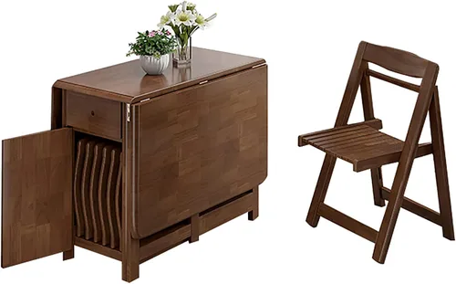 Vista 10 de Mesa y sillas plegables, mesa de comedor de extensión de hojas caídas con ruedas y cajón, juego de mesa de comedor de madera maciza de 5 piezas Negro