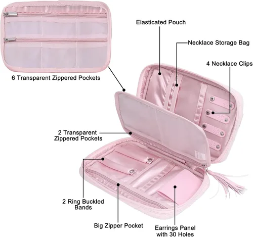 Vista 7 de MOSISO Joyero y organizador de joyas de viaje, organizador de joyas apilable de doble capa con bloqueo, bolsa de almacenamiento portátil de joyería