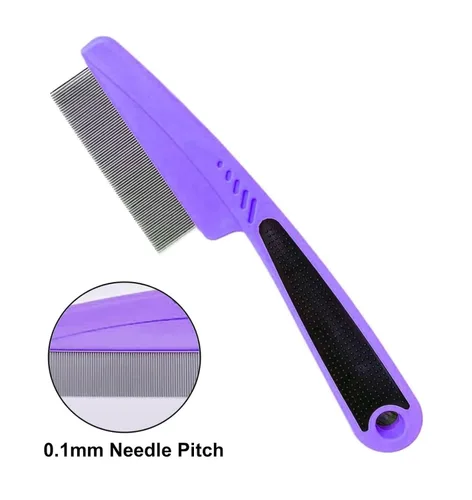 Vista 2 de Yumflan Peine de pulgas con mango de goma, peines para pulgas y garrapatas para perros y gatos, peine de dientes finos para perros para aseo (morado)