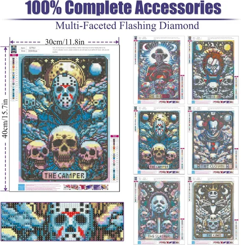 Vista 2 de 6 paquetes de kits de pintura de diamantes de Halloween para adultos, kits de arte de diamante de terror DIY para principiantes, kits de arte