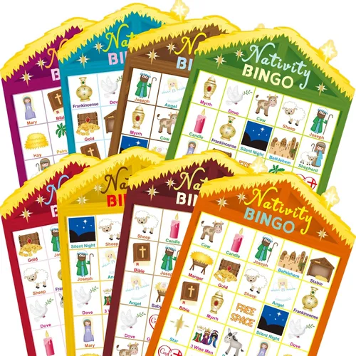 Vista 2 de Juego de bingo de la Natividad de Fancy Land para niños, 24 jugadores, Navidad, establo, casa cristiana, juego de bingo religioso para fiestas