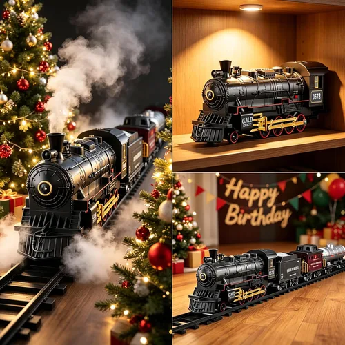 Vista 7 de Juego de tren eléctrico con control remoto de Navidad, locomotora de vapor, vagón de carga y pistas, juguetes de tren recargables para niños con 3