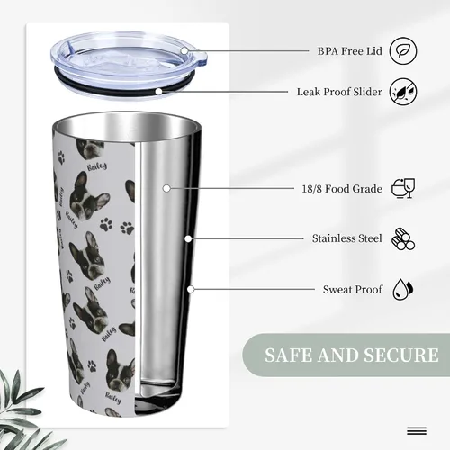 Vista 5 de Vaso personalizado de acero inoxidable para fotos de mascotas con cara de perro, 20 onzas con tapa y popote para viajes, regalo para amantes