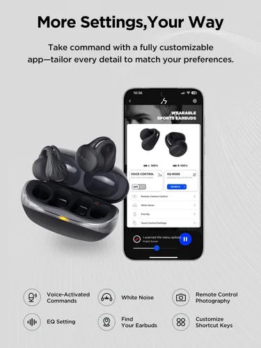 Vista 7 de HAKII Auriculares inalámbricos de oído abierto, auriculares Bluetooth 5.4 ergonómicos con clip Bluetooth con sonido estéreo/ANC, control táctil
